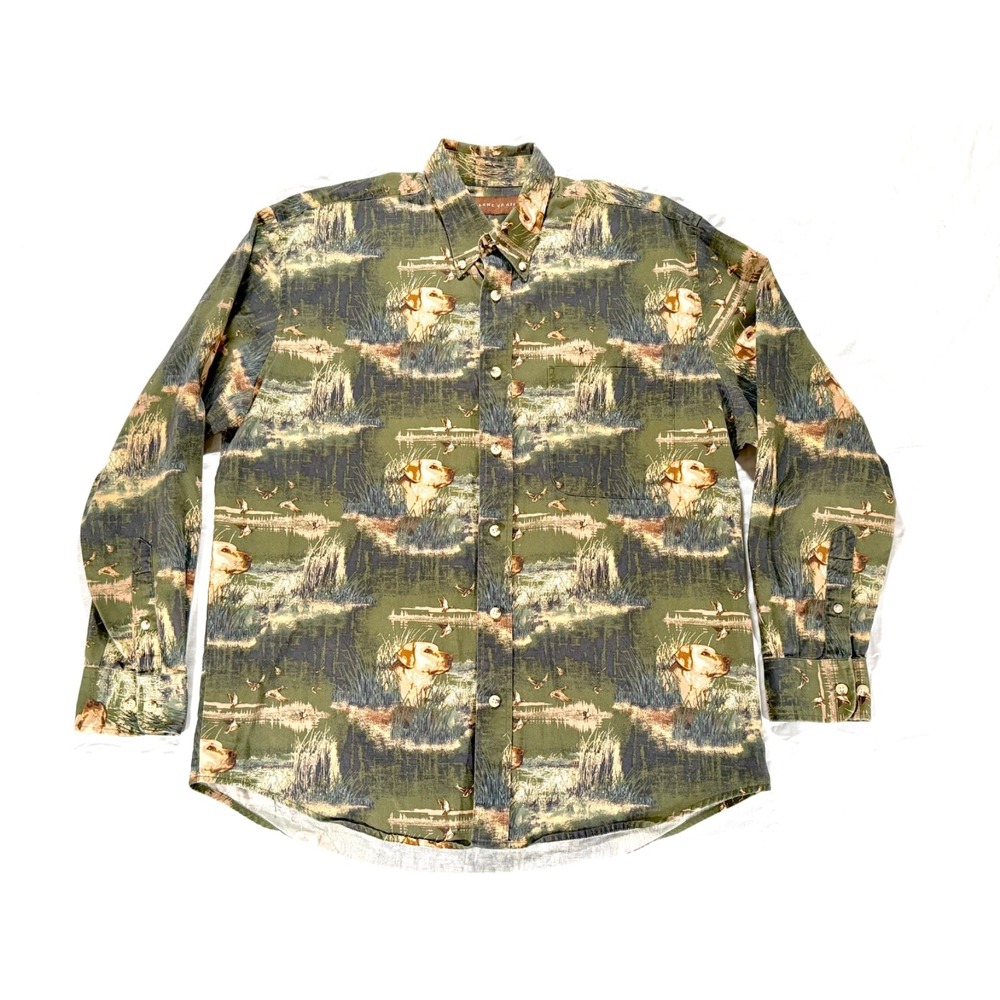 Woodland Trail Mens Hunting Dog Duck Print Long Sleeve Cotton Shirt Green M